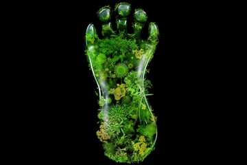 Ecological footprint represented by a green footprint filled with lush vegetation on black