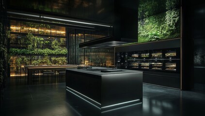 A bright and modern kitchen, spacious and light-filled, with sleek design choices, a smart kitchen island that includes digital controls, and vertical herb gardens for a bit of greenery.