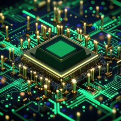 A computer chip is shown with many lights on it