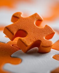A close-up of a textured orange puzzle piece standing out among other interlocking pieces with a soft focus background
