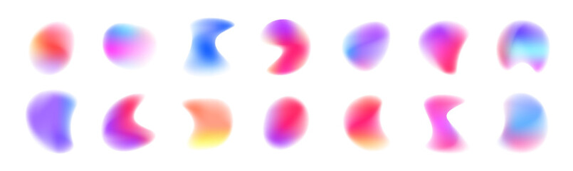 Set of abstract freeform color gradients isolated on white background PNG format. Collection of colorful mixed meshes with soft neon light. Holographic iridescent round circles with liquid bright grad