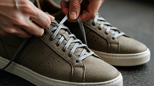 Hands tying sneakers on floor: closeup of lacing process with tan shoes