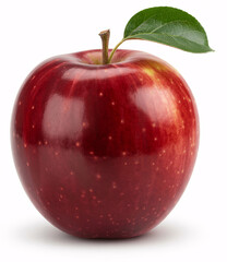 Single Red Apple with Green Leaf Isolated on White Background