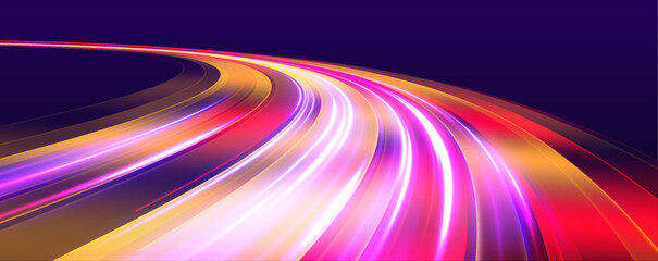 This graphic showcases the flow of high-speed data traffic, illuminated by neon light and dynamic light traces. The design reflects the concept of big data traffic streams.