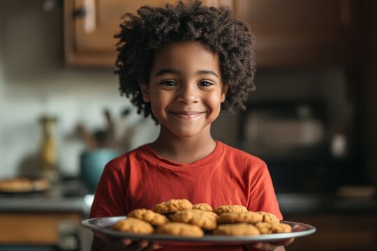 A smiling Black teenager in a red t-shirt stands in his kitchen, surrounded by a tray of freshly baked cookies, symbolizing his aspiration to become a chef.