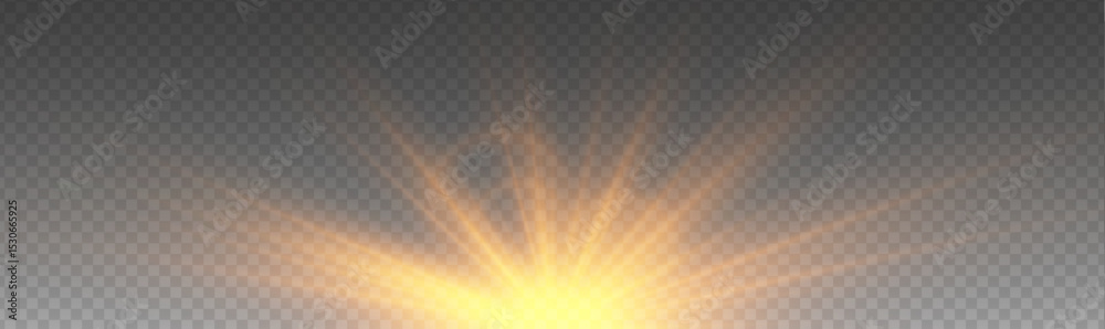 Poster a bright sunlight lens flare effect glows on a transparent background. the golden rays scatter softl