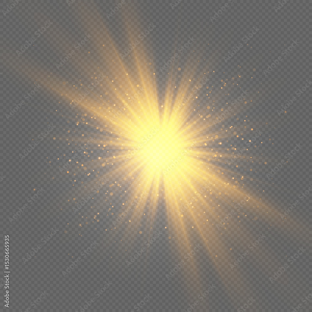 Poster a bright sunlight lens flare effect glows on a transparent background. the golden rays scatter softl