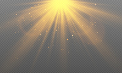 Flare with golden rays of light and magic sparkles. Bright Star. Abstract golden rays will raise. Transparent glitter gradient gloss, bright flash. Gold shining sun with transparent rays. Vector.	
