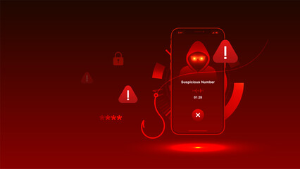Phone scam vector with alert call fraud phishing cyber crime smartphone mobile scammer warning.