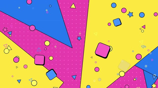 Looped colorful geometric shapes background with stars, dots, triangles, and squares motion graphics.
