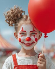 National Blame Someone Else Day Smiling Child with Face Paint Holding Red Balloon at Carnival with Halloween and Black Friday Festive Vibes