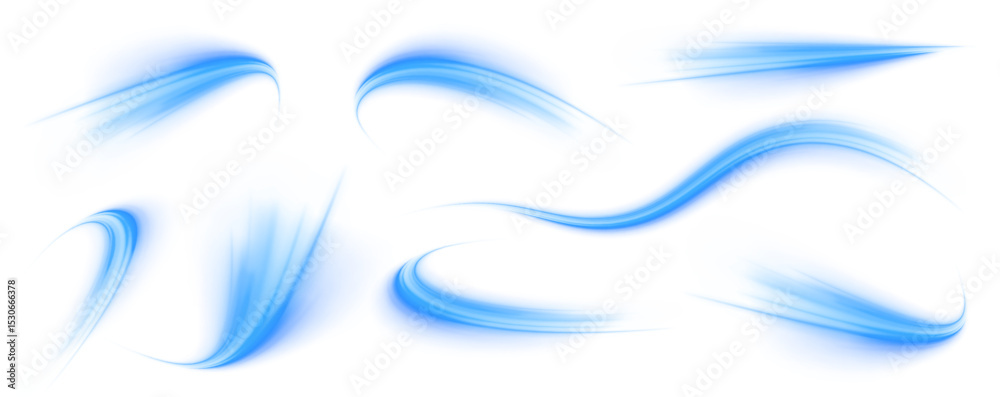 Aufkleber Set of blue speed lines on transparent background PNG.  Wavy transparent curved lines in the form of a blue wave, dynamically flowing sea water in a large set of different contour shapes. 