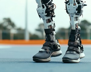 A pair of robotic legs are on a blue court