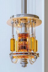 A large, ornate, gold and yellow light fixture hanging from the ceiling