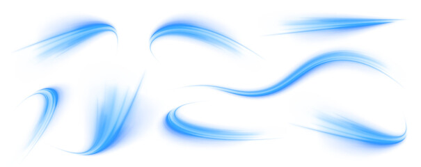 Set of blue speed lines on transparent background PNG.  Wavy transparent curved lines in the form of a blue wave, dynamically flowing sea water in a large set of different contour shapes. 