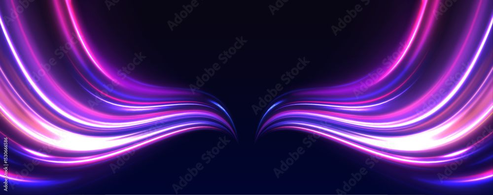 Aufkleber Data streams in glowing lines across a speed-themed vector background. Neon visuals represent fast digital communication. Ideal for tech interfaces.
