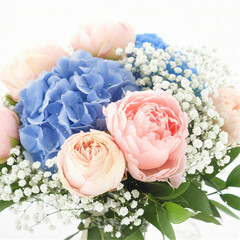 Delicate Spring Whispers: A Tender Arrangement of Peach Peonies, Blue Hydrangeas and Baby's Breath in Pure White Light	