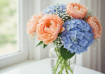 Delicate Spring Whispers: A Tender Arrangement of Peach Peonies, Blue Hydrangeas and Baby's Breath in Pure White Light	