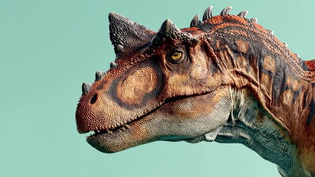 A horned dinosaur head side profile shows textured scales and vibrant colors against a teal backdrop The reptile exhibits fierce prehistoric anatomy in detailed artistic presentation