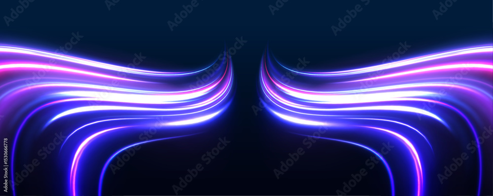Aufkleber Data streams in glowing lines across a speed-themed vector background. Neon visuals represent fast digital communication. Ideal for tech interfaces.
