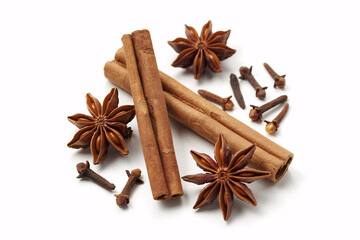 Cinnamon Sticks Star Anise and Cloves Aromatic Spices on White Background