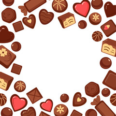 Chocolate Candies and Pastries on White Background with Empty Space for Text – Vector Illustration for World Chocolate Day, Kids Holidays, Sweet Shop Promotions, and Seasonal Dessert Advertising