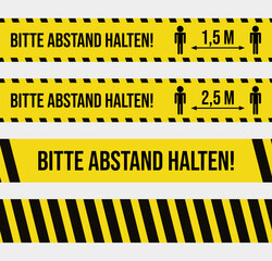 Set of four seamless caution tapes with german warnings for printing. Absperrband. Bitte abstand halten