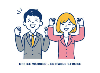 笑顔でガッツポーズをする、若いビジネスマンのベクターイラスト素材＿男女セット