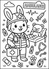 A bunny with big ears wearing a rescue helmet and medical vest, carrying a first aid kit. Black-and-white line art, cartoon-style, thick outlines.
