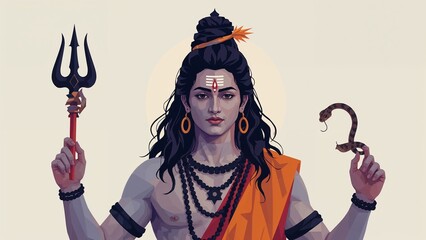 Vector art of Lord Shiva holding a trident and a snake, with a sun halo behind him.