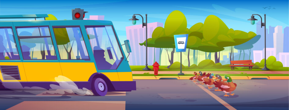 Fototapeta Ducks waddle across city road while yellow bus waits. Brown birds form line near green park with benches, traffic lights. Urban cartoon scene shows patient vehicle letting waterfowl cross safely.
