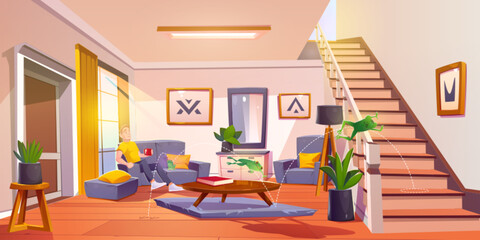 Confused man watches frog jump around living room - green amphibian leaps between furniture with dotted trail paths. Sofa and wooden stairs, potted plants and floor lamp in cozy home interior scene.