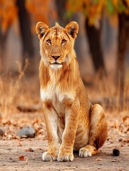 Obraz premium a young lion with a light mane sits on a ground covered in fallen leaves. the animal faces forward, looking directly at the viewer with an alert expression