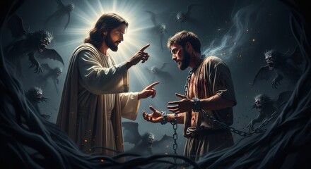 Obraz premium Jesus frees a man from spiritual bondage, the triumph of divine grace