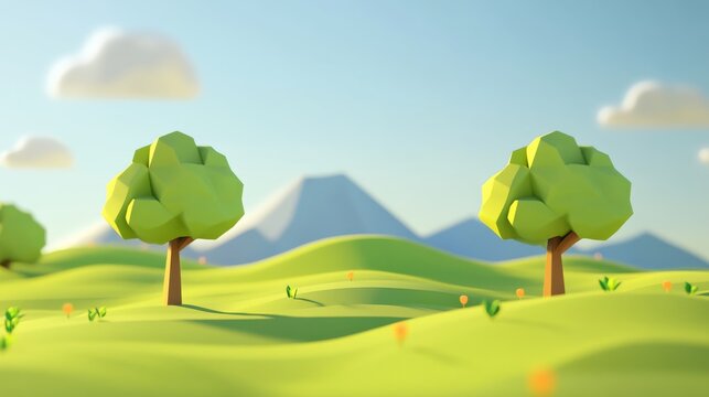 Vibrant summer landscape with green trees, rolling hills, and a blue sky with clouds