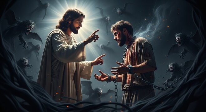 Jesus frees a man from spiritual bondage, the triumph of divine grace