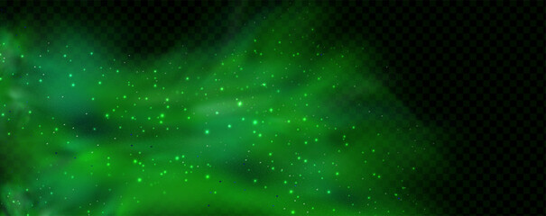 Realistic texture of mystical smoke in the background, with green fog swirling and sparkling with glowing particles, as starry neon magic dust shimmers throughout.