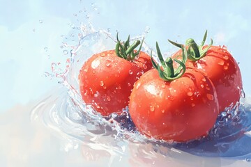Juicy tomatoes splash with water on light pink surface. AI generative