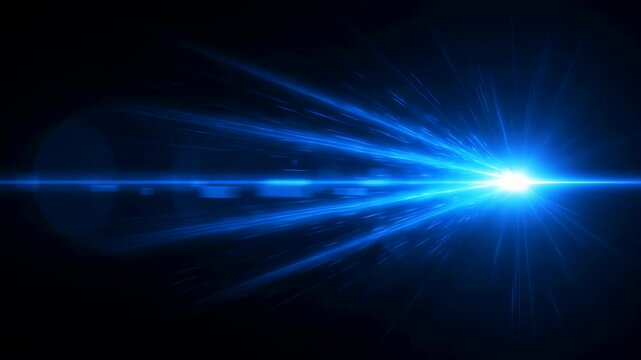 Bright blue light with optical flare effect. Futuristic space travel or digital data flow concept. High speed abstract background footage.