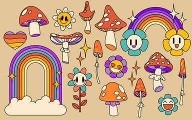 Naklejka na ściany i meble Psychedelic retro set with mushroom and flower, groovy rainbow arch with clouds. Vintage smiling daisies and colorful toadstools with sparkles and hearts. 70s hippie elements for nostalgic designs.