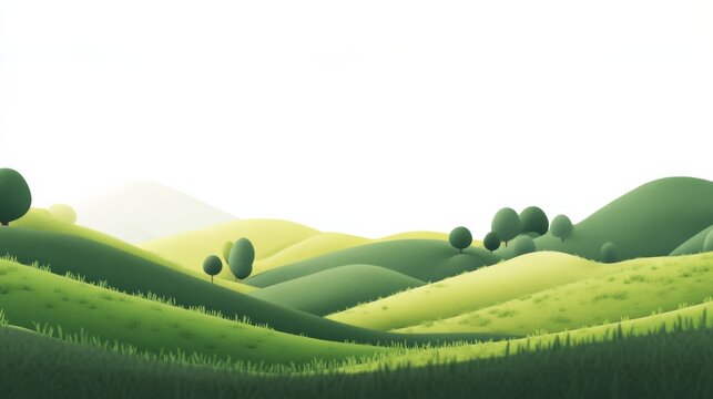 Green summer landscape with a blue sky, rolling hills, and a field of grass