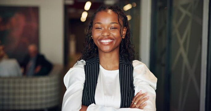 Face, smile and business woman with arms folded in office as creative art curator in lobby. Portrait, confidence and happy professional manager at gallery, museum director and exhibition coordinator