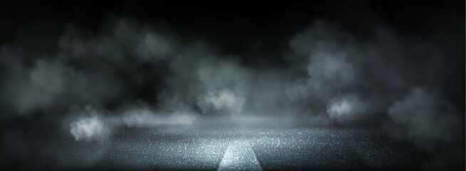 Dark asphalt road with white lane marking in thick smoke clouds. Racing scene atmosphere with dramatic fog effects on black background. Moody street surface for speed competition or auto presentation.