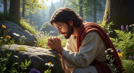 A serene contemplation Jesus Christ in a vibrant forest setting seeking spiritual solace