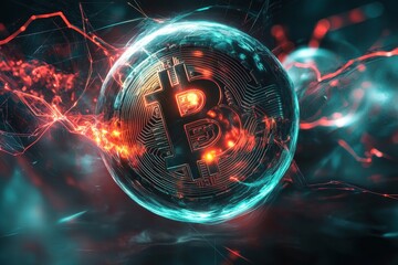 Digital bitcoin sphere in dynamic abstract background.