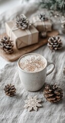 Cozy winter scene  A speckled mug of warm beverage with snowflake design sits amidst pine cones, rustic gifts, and linen fabric