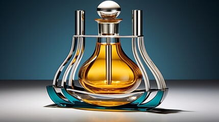 A uniquely designed perfume bottle with an integrated stand, contrasted by a divided setting of mustard and deep teal.