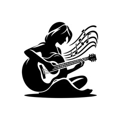 Graceful woman with flowing hair sitting and passionately playing an acoustic guitar with musical notes emanating, shown as a striking black silhouette. Music concept