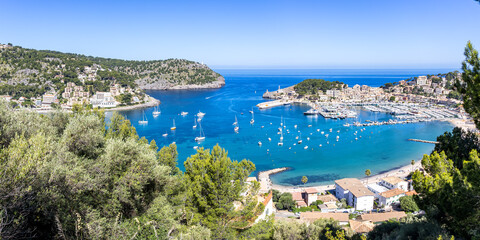 Port de Soller on Mallorca island from above marina with boats holiday panorama by the sea beach in Spain