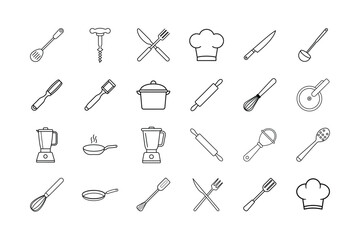 Collection of line art kitchen utensils and cooking tools